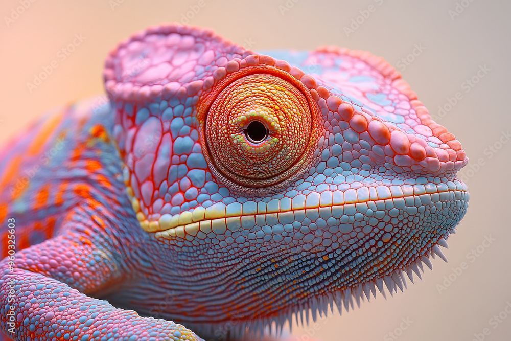 Poster A close-up of a chameleonâ€™s skin, showcasing the tiny, multicolored scales in a shifting pattern, set against a pastel beige background,