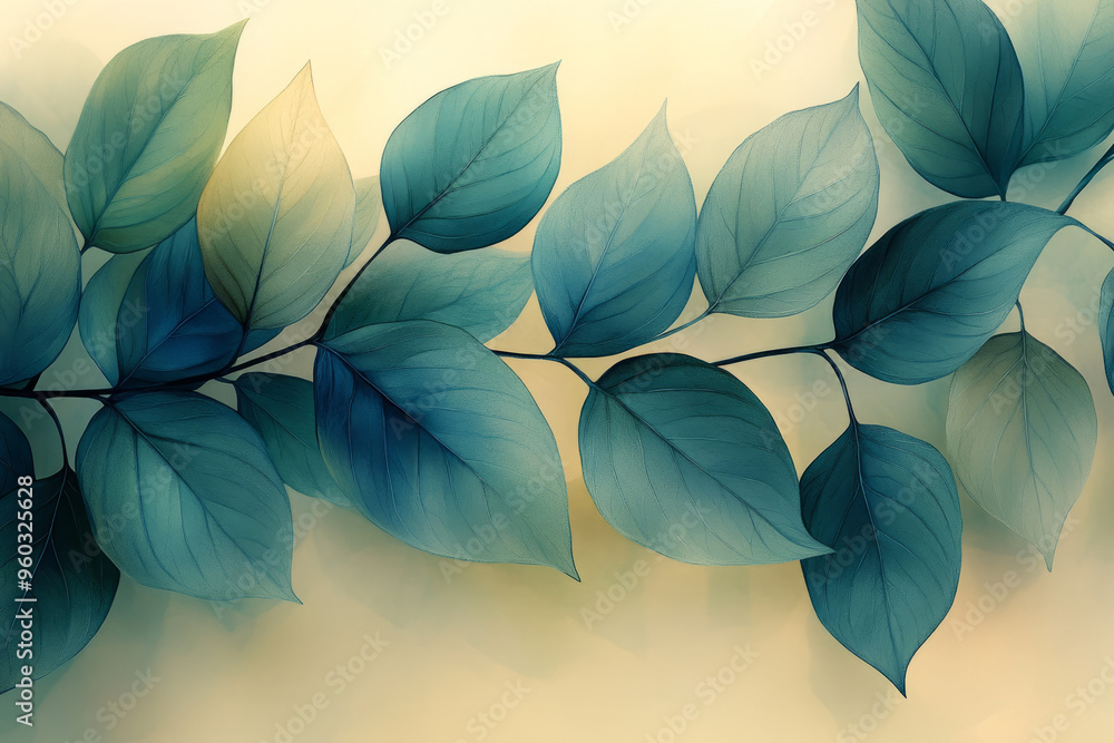Poster a series of overlapping leaf silhouettes in soft pastel greens and blues, creating an abstract mosai
