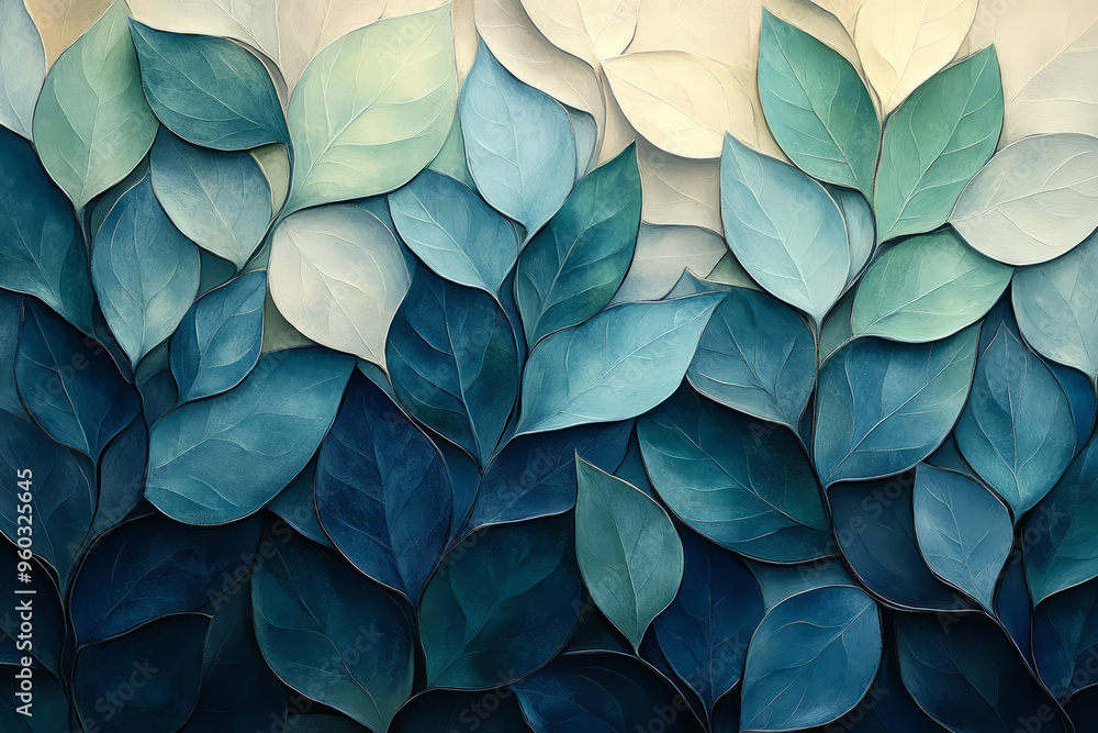 Aufkleber a series of overlapping leaf silhouettes in soft pastel greens and blues, creating an abstract mosai
