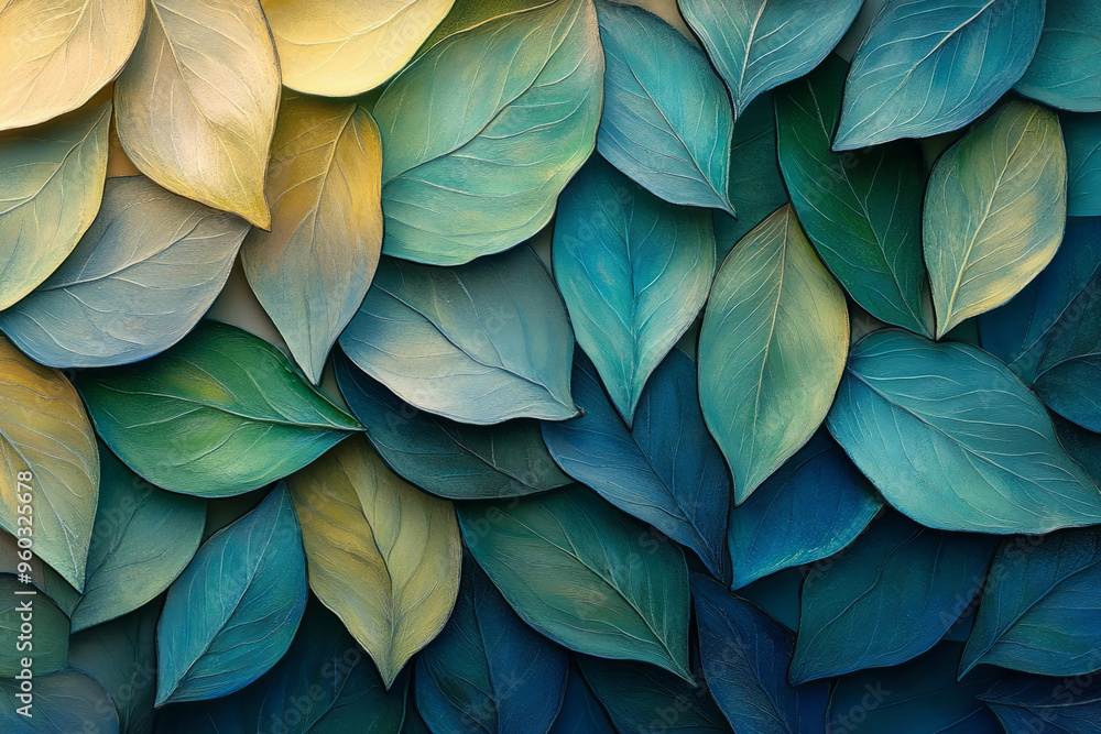 Poster a series of overlapping leaf silhouettes in soft pastel greens and blues, creating an abstract mosai