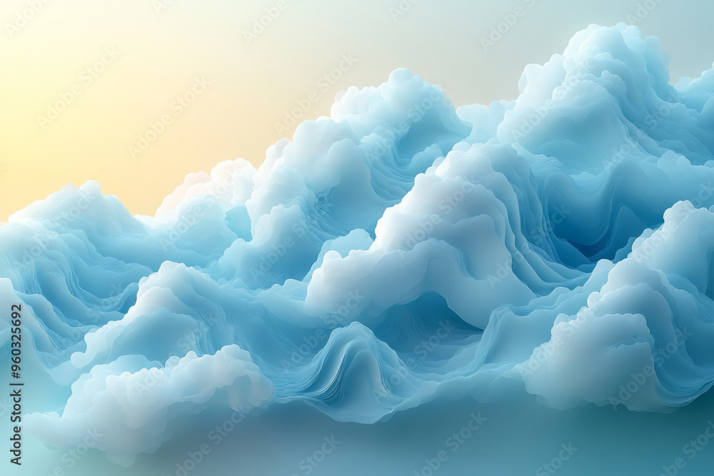Poster abstract cloud shapes with soft edges in shades of pastel blue and white, gently overlapping to crea