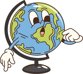 Cartoon groovy school earth globe character. Isolated vector earth planet, retro geographical map, educational item personage with surprised face, showcasing a curious and fun facial expression