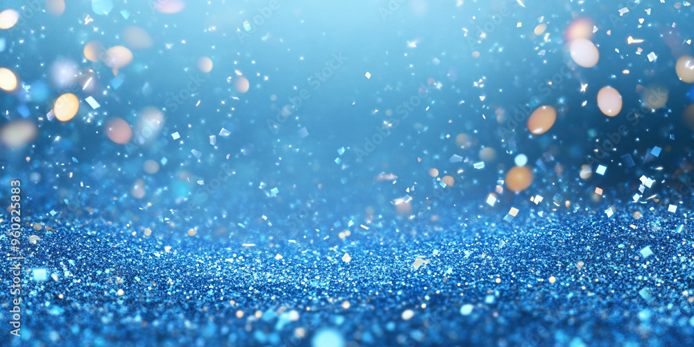 Poster blue confetti falling on a blue background with bokeh and copy space for design.