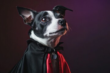 A black and white dog wearing a cape and a red cape