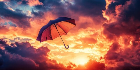 Umbrella Soaring Through Fiery Sunset Clouds