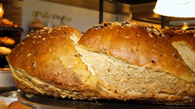 360 degree video of a freshly baked loaf of multigrain bread with flag light.