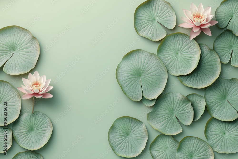 Poster a pattern of stylized lily pads with geometric edges in pastel green and pink, floating on a soft gr