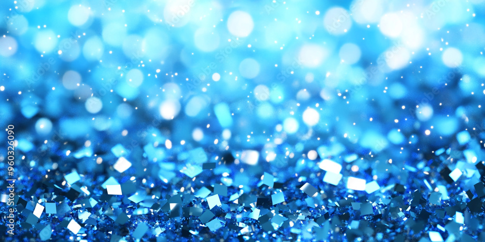 Poster blue confetti falling on a blue background with bokeh and copy space for design.