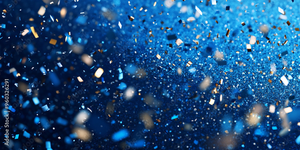 Aufkleber blue confetti falling on a blue background with bokeh and copy space for design.