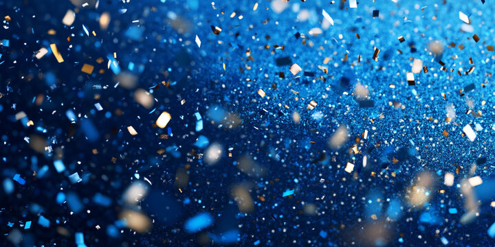 Blue confetti falling on a blue background with bokeh and copy space for design.
