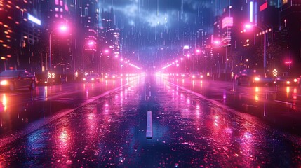Fototapeta premium Bright neon night in a cyberpunk city. Photorealistic 3d illustration of the futuristic city. Empty street with blue neon lights
