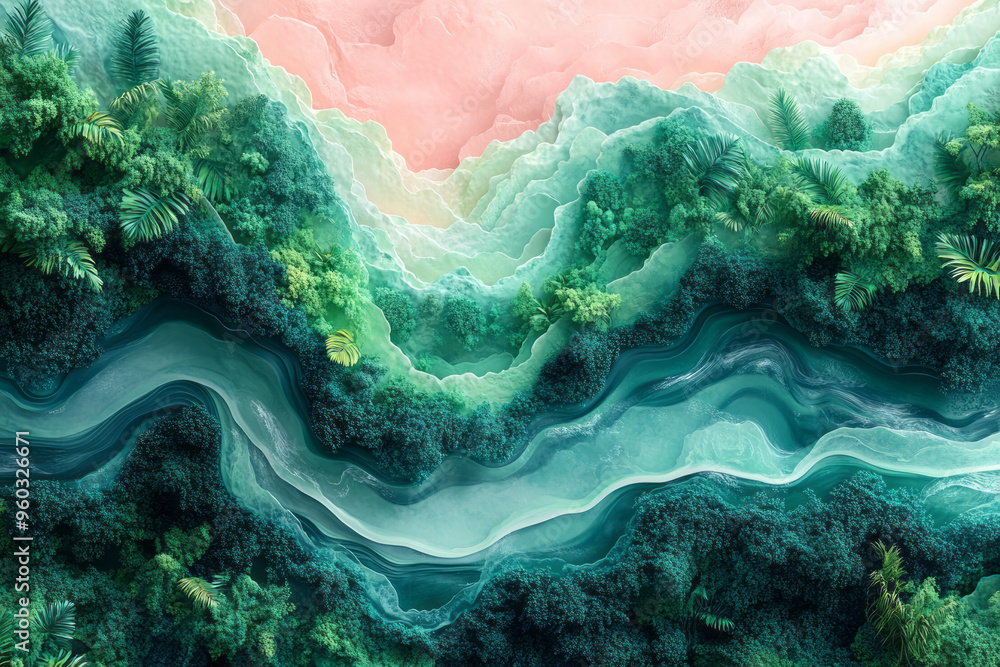 Poster abstract river shapes winding through a jungle landscape with stylized foliage and water patterns in