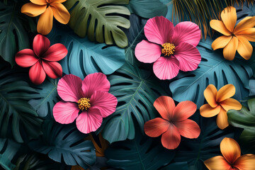 Fototapeta premium A jungle-inspired pattern of stylized tropical flowers with geometric petals in shades of pink, orange, and green, isolated on a pastel blue background,