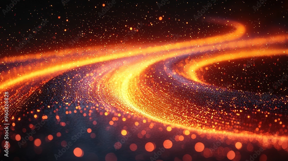 Poster mesmerizing orange and gold swirling light trails create a stunning abstract pattern on a dark backg