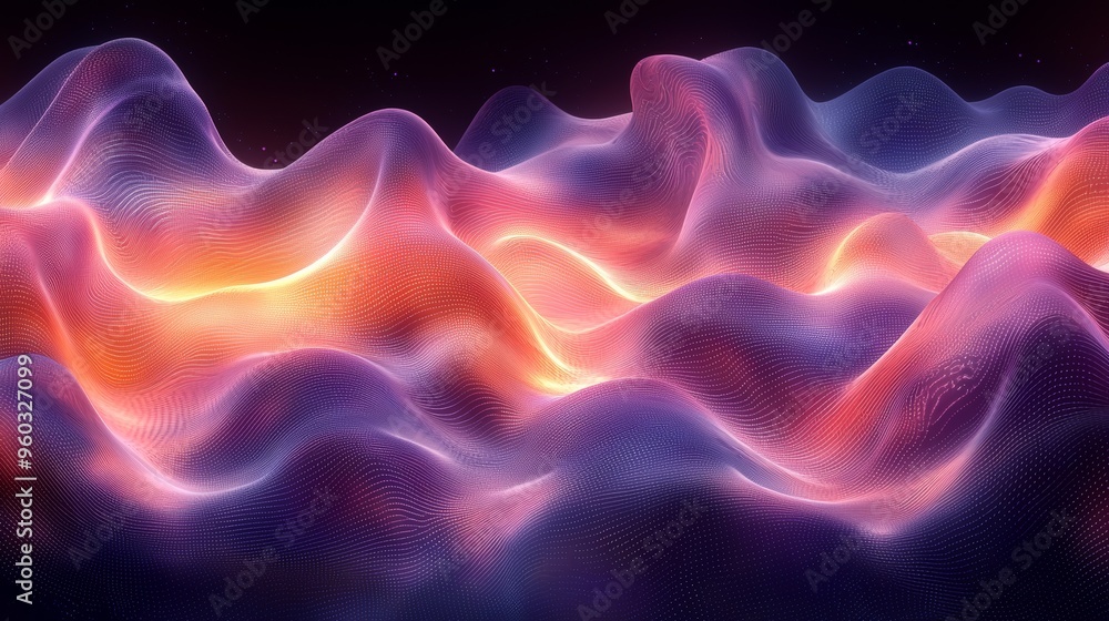 Poster flowing abstract waves of vibrant colors create a mesmerizing digital landscape in a cosmic setting 