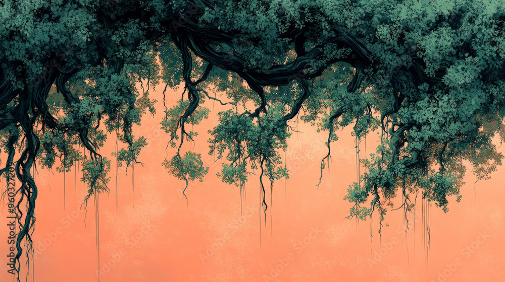 Aufkleber An abstract scene of twisted jungle roots and hanging vines with bold, angular forms in deep green and brown, isolated on a pastel pink background,