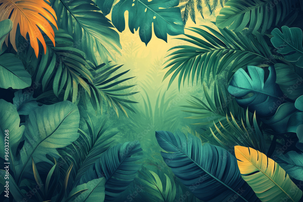 Poster a jungle-inspired pattern of jagged leaves and ferns in dark green and teal, layered with abstract b
