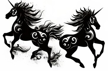 Two elegant black unicorns with intricate designs in a dynamic pose.