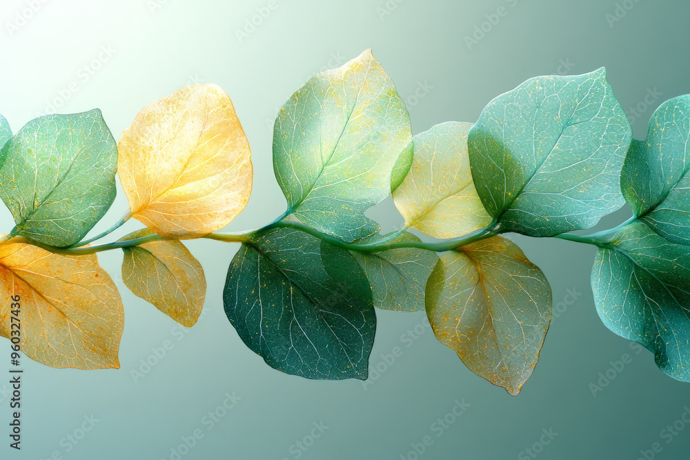 Aufkleber a surreal scene of floating, translucent leaves with bioluminescent veins in neon green and yellow, 