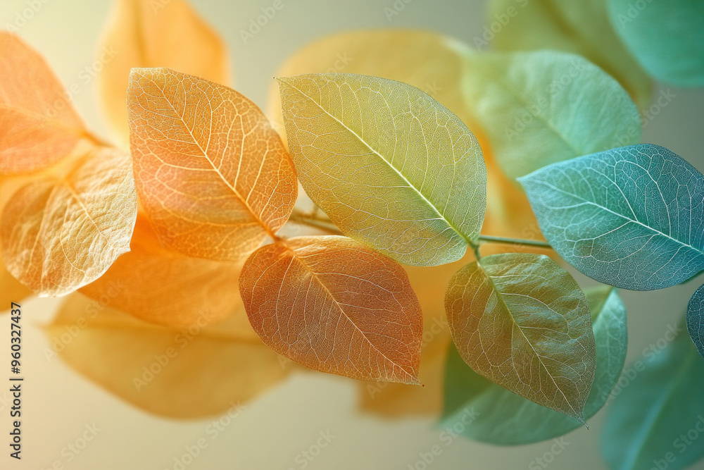 Poster a surreal scene of floating, translucent leaves with bioluminescent veins in neon green and yellow, 