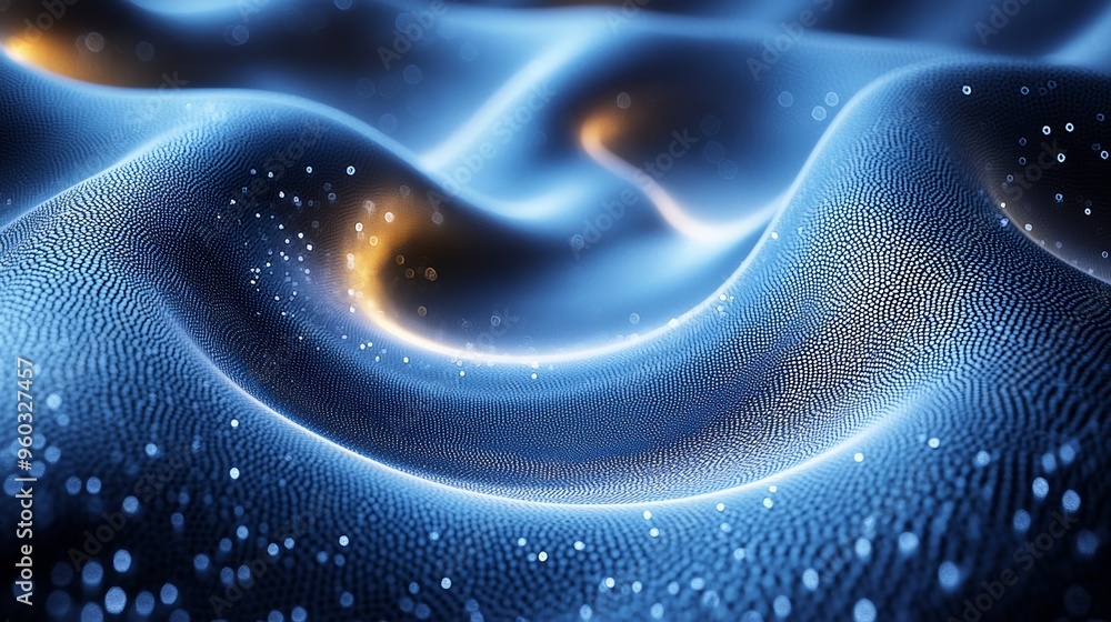 Poster abstract representation of flowing blue and gold waves with luminous particles creating a sense of d