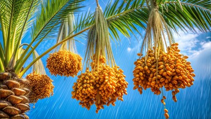 Bountiful Date Clusters Hanging from Lush Palm Trees