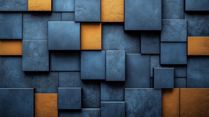 Abstract geometric wall design featuring dark blue and gold square panels arranged in a modern pattern