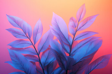 Fototapeta premium A composition of glowing fern fronds arranged in geometric patterns, in shades of neon green and pastel blue, set against a pastel pink background,