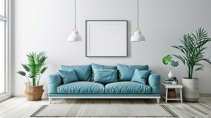 tranquil scandinavian living room with turquoise sofa and blank white wall interior design