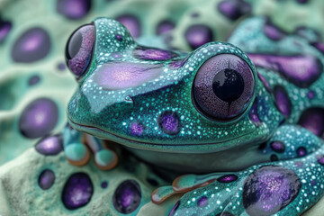 Stylized, abstract rainforest animals--like frogs and snakes--with bioluminescent patterns in bright green and purple, set against a pastel green background,