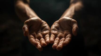 A pair of open hands cupped together, illuminated against a dark background, suggesting a gesture of asking or offering.