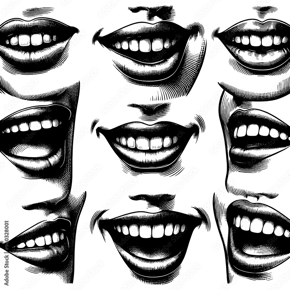 Poster set of different smiling mouths, various expressions with detailed line art sketch engraving generat