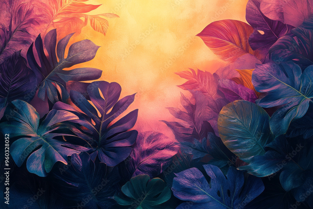 Poster stylized glowing leaves and vines in geometric patterns with bright neon green and purple accents, l
