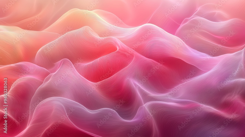 Poster abstract wavy patterns in soft pink and peach colors creating a dreamy and serene atmosphere, ideal 