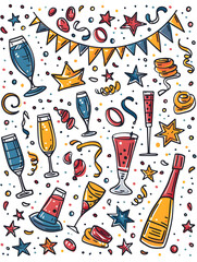 New Year and Christmas card, graphic advertising backgrounds in a doodle 2D illustrator style.