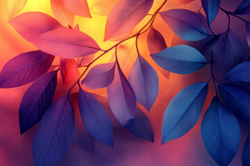 Fototapeta premium Stylized glowing leaves and vines in geometric patterns with bright neon green and purple accents, layered to create an abstract jungle canopy, isolated on a pastel beige background,