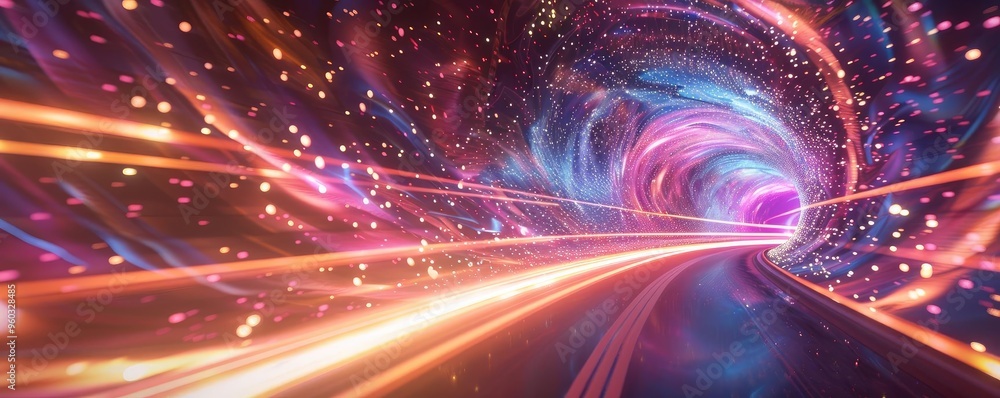 Poster a vibrant cosmic tunnel with colorful lights and dynamic motion, evoking a sense of speed and advent