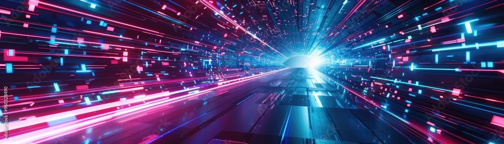 Poster a dynamic visual of light beams in vibrant colors, creating a futuristic and energetic atmosphere.