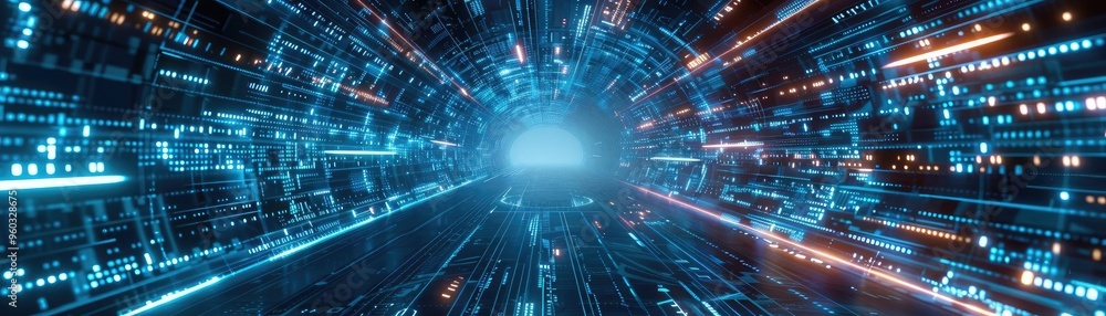 Poster futuristic data tunnel with glowing lights, representing speed, technology, and digital transformati