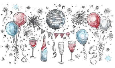 New Year and Christmas card, graphic advertising backgrounds in a doodle 2D illustrator style.
