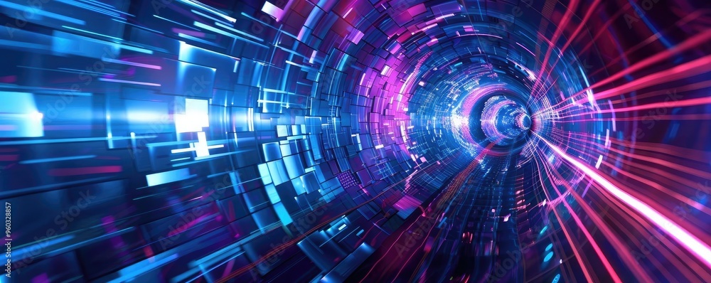 Poster a vibrant tunnel of light showcasing dynamic patterns and colors, embodying energy and motion in a f