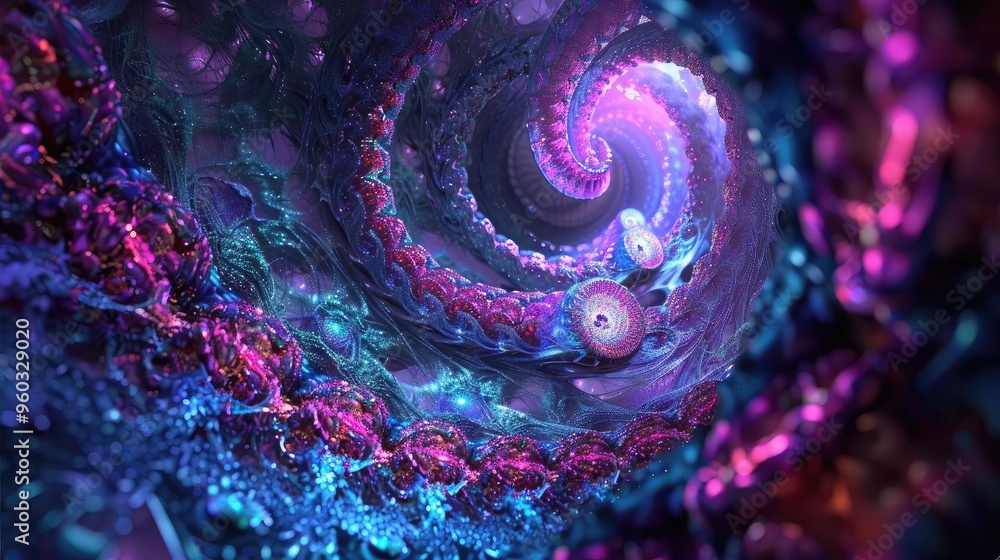 Poster a mesmerizing digital swirl of vibrant colors and intricate patterns, evoking a sense of depth and i