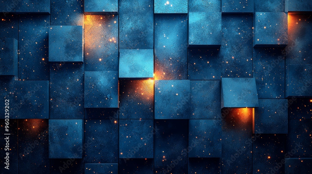 Poster dynamic blue abstract design featuring illuminated cubes arranged in a striking pattern against a da