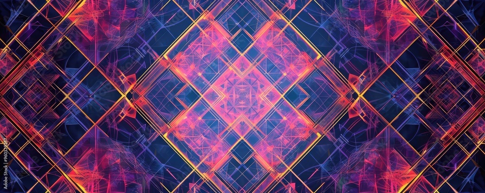 Poster a vibrant abstract pattern featuring intricate geometric shapes and dynamic colors, perfect for crea