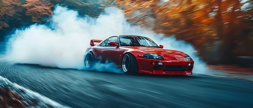 Exhilarating drift car in motion during an autumn touge racing scene kicking up tire smoke as it navigates a high speed turn through the colorful fall foliage