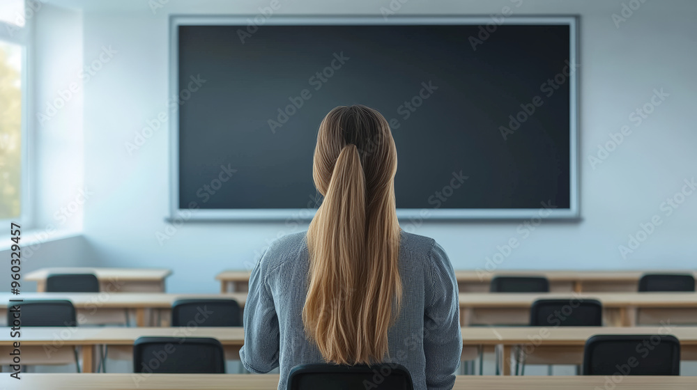 Poster a teacher is seen from back, preparing to write on blackboard in classroom filled with empty desks. 