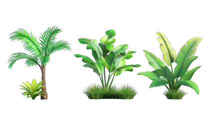 Collection of vibrant 3d cartoon icon, potted houseplant, tree, grass, isolate on transparency background