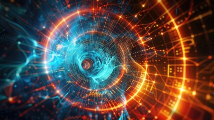 Obraz premium An abstract vortex design featuring vibrant orange and blue colors, representing digital energy and technological advancement.