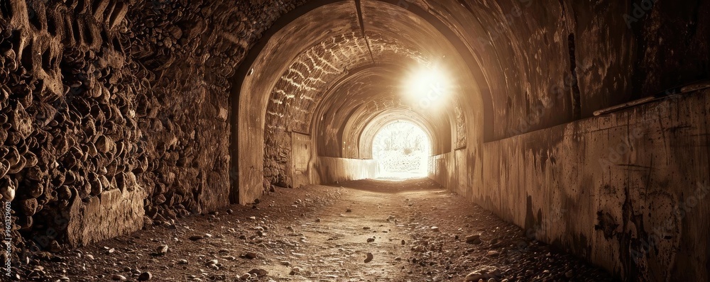 Poster a serene tunnel illuminated by soft light, showcasing textured walls and a sense of depth, inviting 