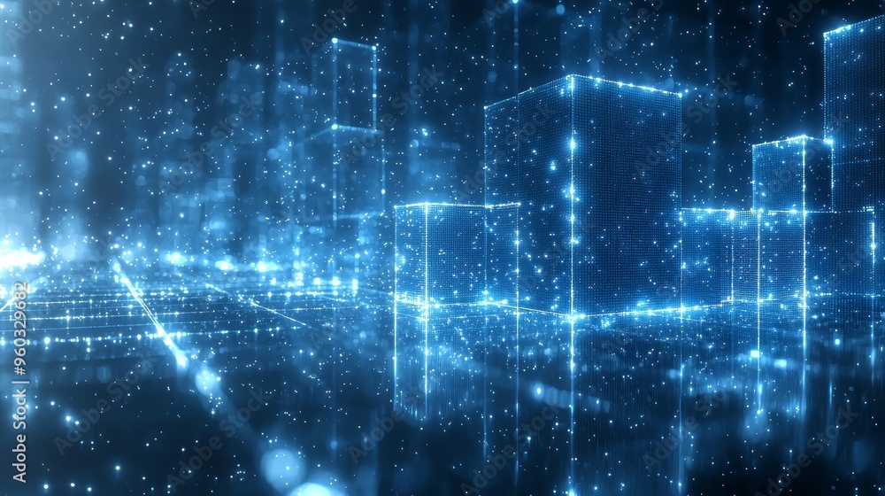Poster abstract digital landscape with glowing blue structures and floating particles, ideal for technologi